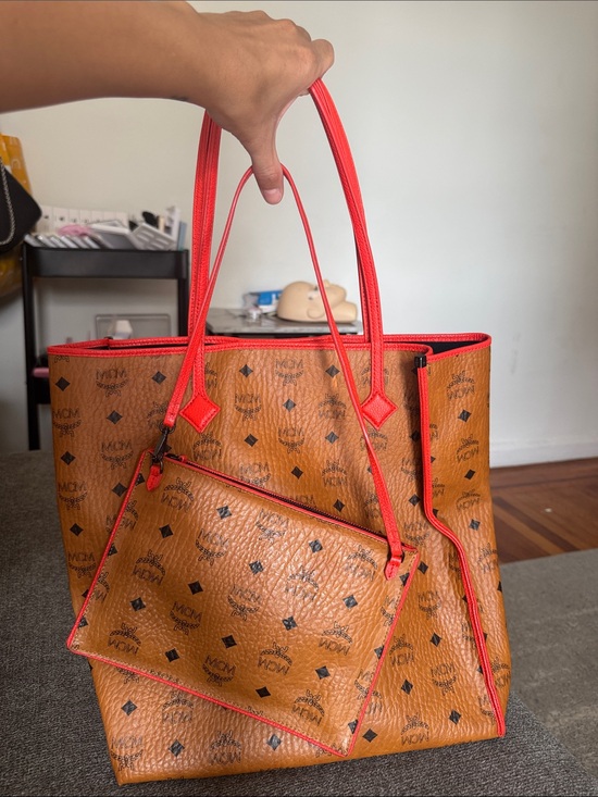 MCM Handbags - MCM Cognac Visetos Tote with Bright Red Trim and Pouch